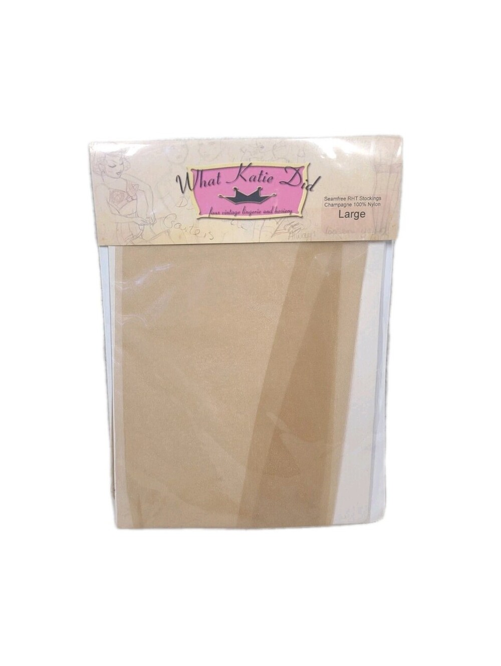 What Katie Did RHT Nylon Stockings Large Champagne Thigh High Garter SoldOut NIP